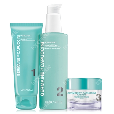 Germaine de Capuccini Purexpert Do Skóry Tłustej i Problematycznej ZESTAW Krem-żel nawilżająco - matujący 30 ml + Emulsja delikatnie złuszczająca 50 ml + Żel oczyszczający 50 ml