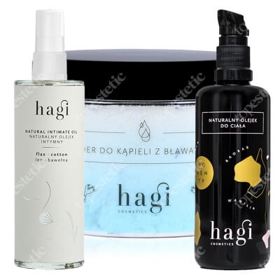 Hagi Body Spa Set ZESTAW Olejek intymny 100 ml + Puder do kąpieli z masłem shea 400 g + Olejek do ciała 100 ml