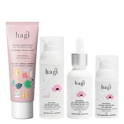 Hagi Calming Skin Set ZESTAW Serum 30 ml + Krem z ceramidami i prebiotykami 50 ml + Serum pod oczy 15 ml + Mini żel pod prysznic GRATIS