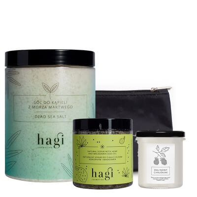 Hagi Evening Spa Set ZESTAW Sól z Morza Martwego 1200 g + Peeling cukrowy 280 g + Świeca Malinowy Chruśniak 230 g + Kosmetyczka 1 szt