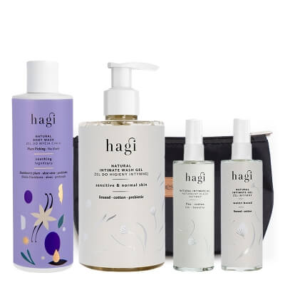 Hagi Intimate Hygiene Kit ZESTAW Żel pod prysznic 300 ml + Płyn do higieny intymnej 300 ml + Żel kojąco-nawilżający 100 ml + Olejek 100 ml + Kosmetyczka 1 szt