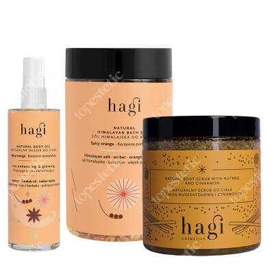 Hagi Korzenna Pielęgnacja ZESTAW Naturalna sól himalajska 480 g + Peeling do ciała 300 g + Brązujący olejek do ciała 100 ml