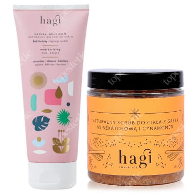 Hagi Nawilżający Balsam do Ciała Wakacje na Bali + Naturalny Scrub ZESTAW Nawilża i łagodzi podrażnienia 200 ml + Peeling do ciała na bazie cukru z gałką muszkatołową i cynamonem 300 g