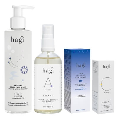 Hagi Odżywienie i Regeneracja ZESTAW Żel łagodząco-nawilżający 200 ml + Esencja 100 ml + Krem pod oczy 15 ml + Krem regenerujący na noc 50 ml