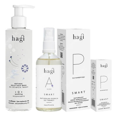 Hagi Pielęgnacja Nutripeptydowa na Dzień ZESTAW Żel do mycia twarzy 200 ml + Esencja-tonik 100 ml + Krem przeciwzmarszczkowy 50 ml + Krem pod oczy 15 ml