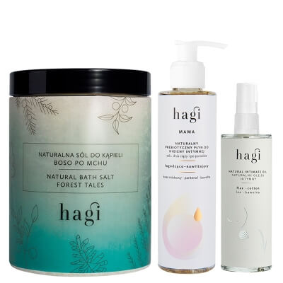 Hagi Płyn do Higieny Intymnej + Olejek Intymny + Sól do Kąpieli ZESTAW Płyn 200 ml + Olejek 100 ml + Sól do Kąpieli Boso Po Mchu 1300 g