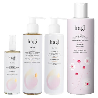 Hagi Płyn do Higieny Intymnej + Żel do Mycia + Olejek do Okolic Intymnych + Balsam ZESTAW Płyn 200 ml + Żel do mycia ciała 300 ml + Olejek 100 ml + Balsam 200 ml