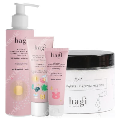 Hagi Wakacje na Bali Home Spa ZESTAW Puder do kąpieli z kozim mlekiem 400 g + Jogurt nawilżający 200 ml + Krem do rąk 50 ml + Mini żel pod prysznic gratis