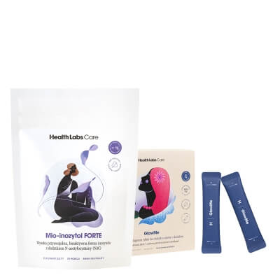 Health Labs Care Mio-inozytol FORTE + GlowMe ZESTAW Wysoko przyswajalna bioaktywna forma inozytolu 309 g + Kolagen z kwasem hialuronowym, bez dodatku cukrów i słodzików (malina-borówka) 30