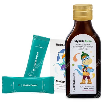 Health Labs Care My Kids Care ZESTAW Wsparcie odporności 14 saszetek + Dla prawidłowego rozwoju i pracy mózgu dziecka 100 ml