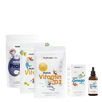 Health Labs Care MyKids Healthy Set ZESTAW Probiotyk w żelkach 60 szt + Kwasy Omega 3 w kroplach 100 ml + Witamina D w żelekach 60 szt + Witamina C w żelkach 60 szt