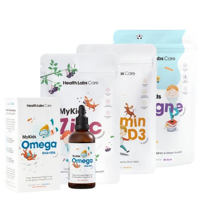 Health Labs Care MyKids ZESTAW Omega 3 100 ml + Cynk w żelkach 60 szt + Witamina C w żelkach 60 szt + Magnez 60 szt