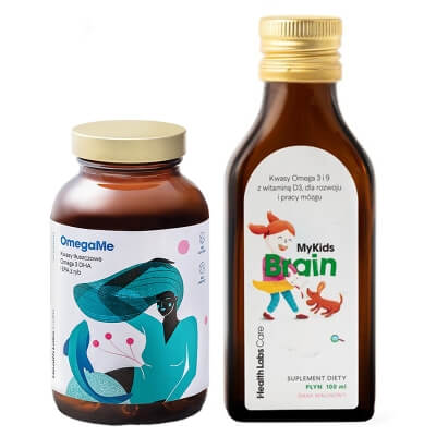 Health Labs Care OmegaMe + MyKids Brain ZESTAW Kwasy tłuszczowe Omega 3 EPA i DHA z ryb, 60 kaps. + Dla rozwoju i pracy mózgu dziecka 100 ml