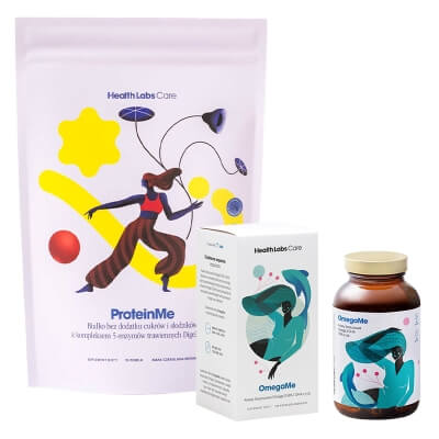 Health Labs Care ProteinMe + OmegaMe ZESTAW Białko WPC z enzymami trawiennymi (smak czeko-wiśnia) 519 g + Kwasy tłuszczowe Omega 3 EPA i DHA z ryb 120 kaps