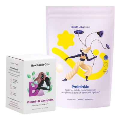 Health Labs Care ProteinMe + Vitamin B Complex ZESTAW Białko WPC z enzymami trawiennymi (smak waniliowy) 472,5 g + Kompleks witamin z grupy B 60 kaps.