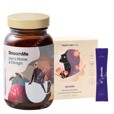 Health Labs Care ShroomMe Lions Mane and Chaga + GlowMe ZESTAW Rytuał, który doda Ci energii i poprawi koncentrację 90 miarek + Nawilżona, napięta i gładka skóra 30 saszetek