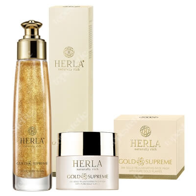 Herla Gold And Shiny Skin ZESTAW Złoty elixir do ciała z drobinkami 100 ml + Odmładzająca maska do twarzy z płatkami złota 50 ml