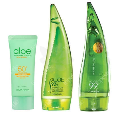 Holika Holika Aloe Body Care ZESTAW Żel pod prysznic z sokiem z aloesu 92% 250 ml + Wielofunkcyjny żel aloesowy do twarzy, ciała i włosów 250 ml + Żel przeciwsłoneczny z