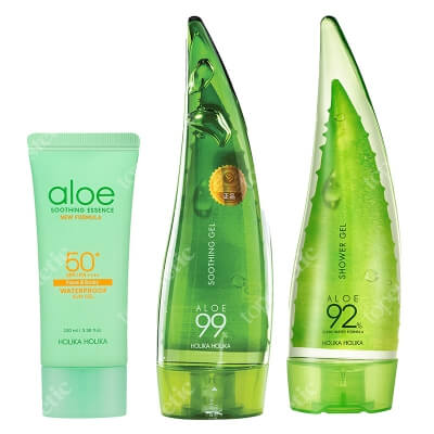 Holika Holika Aloe Body Care ZESTAW Żel pod prysznic z sokiem z aloesu 92% 250 ml + Wielofunkcyjny żel aloesowy do twarzy, ciała i włosów 250 ml + Żel przeciwsłoneczny z