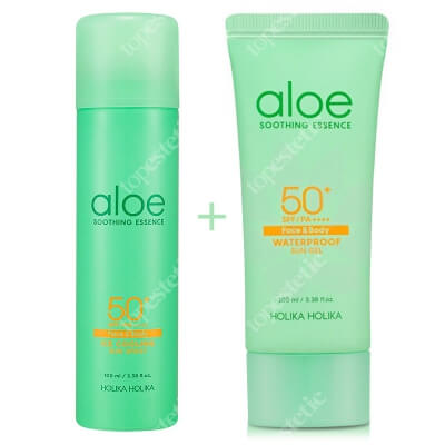 Holika Holika Aloe Ice Cooling Sun Spray SPF50 ++++ & Aloe Waterproof Sun Gel SPF 50 ZESTAW Spray przeciwsłoneczny 100 ml + Żel przeciwsłoneczny z aloesem i wysokim filtrem 100 ml