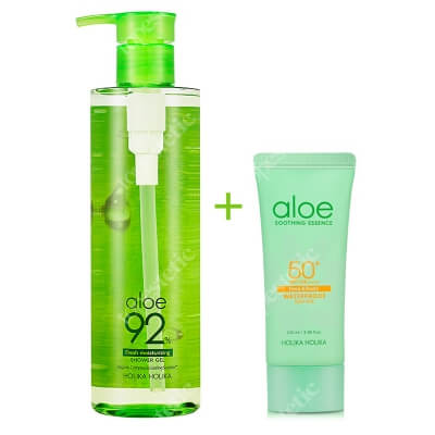 Holika Holika Aloe Waterproof Sun Gel + Aloe Shower Gel ZESTAW Żel przeciwsłoneczny z aloesem i wysokim filtrem 100 ml + Żel pod prysznic z sokiem z aloesu 390 ml