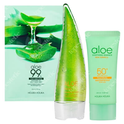 Holika Holika Aloe Waterproof Sun Gel SPF 50 + Aloe Cleansing Foam + Aloe Soothing Gel Mask Sheet ZESTAW Żel przeciwsłoneczny z aloesem i wysokim filtrem 100 ml + Pianka oczyszczająca z aloesem 150 ml + Maseczka bawełniana w płachcie 1 szt