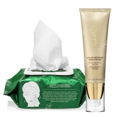 Hydropeptide HydroActive Cleanse + Solar Defense Non Tinted Sunscreen SPF 50 ZESTAW Micelarne chusteczki do demakijażu twarzy 30 szt. + Ochrona przeciwsłoneczna niekoloryzująca 50 ml