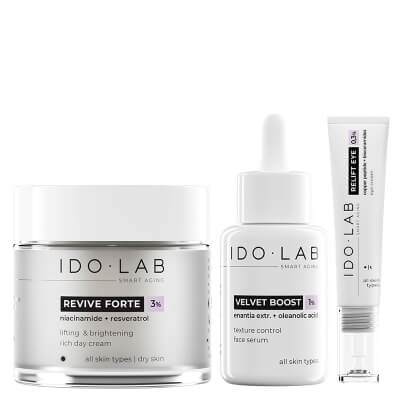 Ido Lab Pielęgnacja Liftingująco - Rozjaśniająca ZESTAW Liftingujący i rozjaśniający krem na dzień 50 ml + Wygładzające i rozjaśniające serum 30 ml + Rewitalizujący krem pod oczy 15 ml