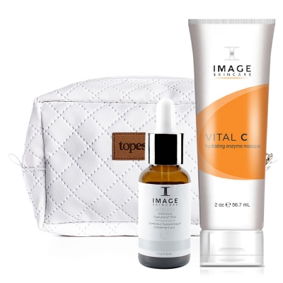 Image Skincare Ageless Total Pure Hyaluronic Filler + Hydrating Enzyme Masque 20% + Kosmetyczka ZESTAW Kwas hialuronowy w 6 postaciach 30 ml + Bogata maska nawilżająca i odżywiająca z 20% wit. C, 56,7 ml + Biała, pikowana kosmetyczka