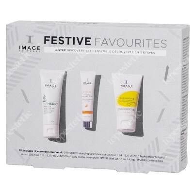 Image Skincare Festive Favourites ZESTAW Delikatny preparat oczyszczający 50 ml + Lekki krem z 15% wit. C, 15 ml + Krem ochronny SPF 32 43g + Kosmetyczka