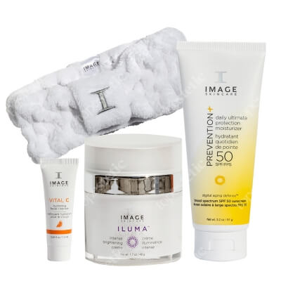 Image Skincare My Glow Skin Set ZESTAW Kuracja wygładzająca zmarszczki mimiczne 50 ml + Maksymalna ochrona przeciwsłoneczna 95 ml + Preparat oczyszczający 7,5 ml + Opaska