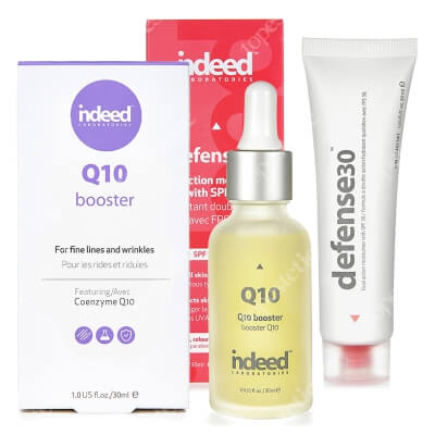 Indeed Defense 30 + Q10 Booster ZESTAW Nawilżający krem ochronny o szerokim spektrum ochrony przeciwsłonecznej SPF 30 30 ml + Przeciwzmarszczkowy booster z koenzymem 30 ml