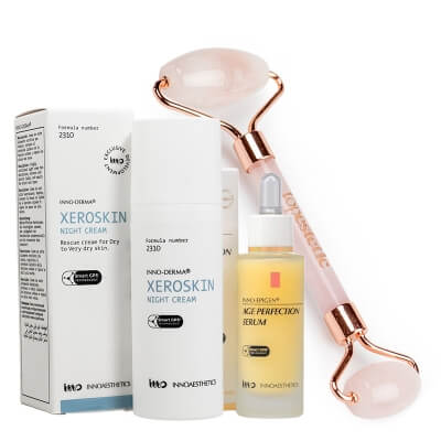 Innoaesthetics Age Perfection Serum + Xeroskin Night Cream + Roller ZESTAW Skoncentrowane serum anti-aging z peptydami 30 ml + Krem na noc z ceramidami 50 ml + Roller różowy kwarc 1 szt