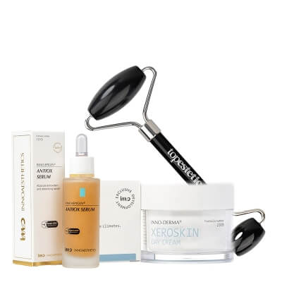 Innoaesthetics Antiox Serum + Xeroskin Day Cream + Roller ZESTAW Antyoksydacyjne serum z witaminą C 30 ml + Krem barierowy do skóry suchej 50 ml + Roller obsydian 1 szt