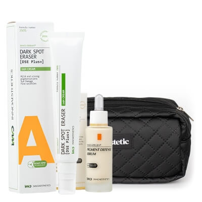 Innoaesthetics Pigment Defense Serum + Dark Spot Eraser + Kosmetyczka ZESTAW Serum na przebarwienia i ciemne plamy 30 ml + Krem na noc na przebarwienia i wyrównujący koloryt 50 g + Kosmetyczka 1 szt