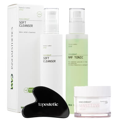 Innoaesthetics Soft Cleanser + NMF Tonic + Sensitive Cream + Gua Sha ZESTAW Delikatny żel 200 ml + Bezalkoholowy tonik 200 ml + Krem do skóry wrażliwej 50 ml + Gua sha obsydian 1 szt
