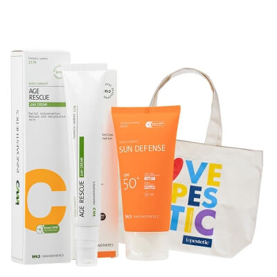 Innoaesthetics Sun Defense SPF 50+ + Age Rescue 24H Cream + Torba Plażowa ZESTAW Krem przeciwsłoneczny 60 g + Wygładzający krem na noc z retinolem i witaminą C 50 g + Torba 1 szt