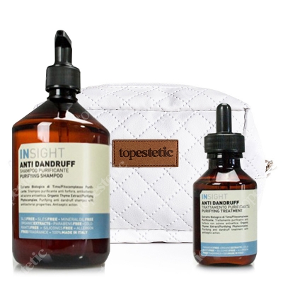 InSight Anti Dandruff Purifying Treatment + Anti Dandruff Purifying Shampoo + Kosmetyczka ZESTAW Lotion przeciwłupieżowy 100 ml + Szampon przeciwłupieżowy 400 ml + Biała, pikowana kosmetyczka