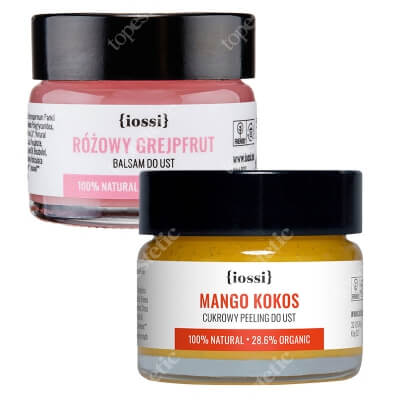 Iossi Mango Kokos + Różowy Grejpfrut ZESTAW Cukrowy peeling do ust z woskiem pszczelim 15 ml + Balsam do ust 15 ml