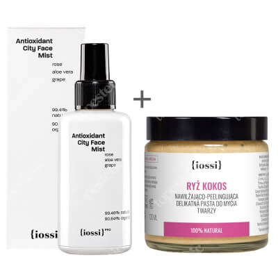 Iossi Ryż Kokos + Antioxidant City Face Mist ZESTAW Peelingująca pasta do mycia twarzy 120 ml + Antyoksydacyjna mgiełka do twarzy, szyi i dekoltu z hydrolatem z róży 100 ml