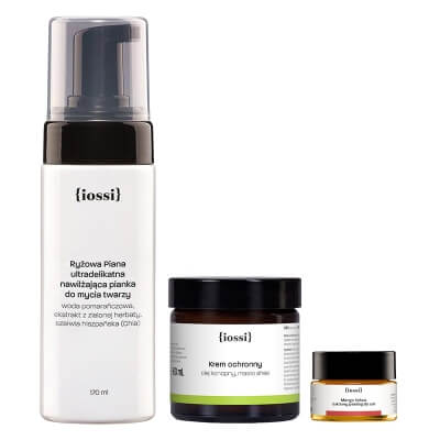 Iossi Ryżowa Piana + Krem Ochronny + Mango Kokos GRATIS ZESTAW Pianka do mycia twarzy 170 ml + Krem z olejem konopnym i masłem Shea 60 ml + Cukrowy peeling do ust 15 ml