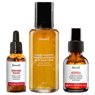 Iossi Szałwia Hiszpańska + Acerola + Krwawnik Tamanu ZESTAW Żel do mycia twarzy 200 ml + Cytrusowa esencja z kwasami AHA 50 ml + Serum do cery trądzikowej 30 ml