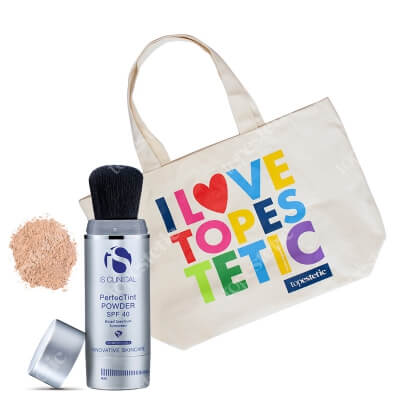 iS Clinical Plażowa torba I Love Topestetic + PerfecTint Powder SPF 40 ZESTAW Materiałowa Duża (kolor naturalny ) + Puder ochronny SPF 40 w pędzlu - kolor Kremowy 2 x 3,5 g