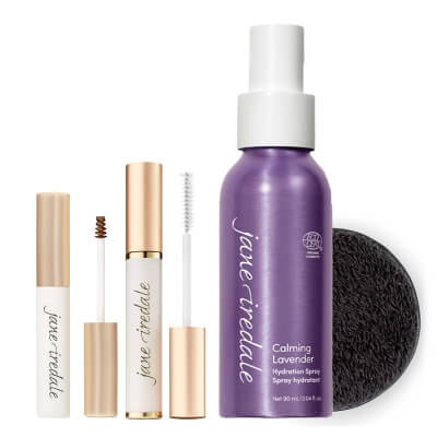 Jane Iredale The Clean Beauty Edit ZESTAW Kremowy żel do brwi (Clear) 4,25 g + Odżywka do rzęs 9 g + Nawilżająca i kojąca woda mineralna 90 ml + Gąbka 1 szt