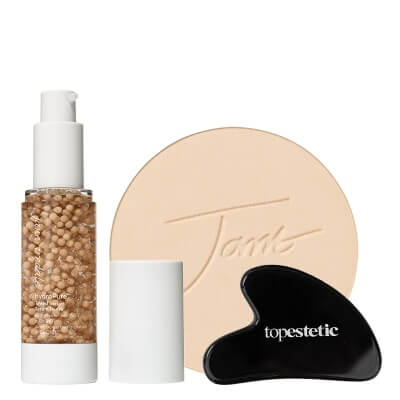 Jane Iredale The Flawless Skin Duo ZESTAW Minerały w płynie (Light 2) 30 ml + Mineralny puder prasowany - wkład 9,9 g (Warm Silk) + Gua sha obsydian 1 szt