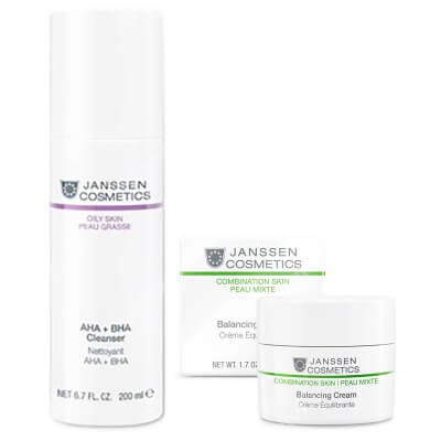 Janssen Cosmetics AHA And BHA Cleanser + Balancing Cream ZESTAW Emulsja oczyszczająca z kwasami 200 ml + Krem normalizujący na dzień 50 ml