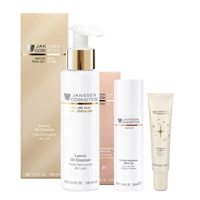 Janssen Cosmetics Perfect Radiance Set ZESTAW Luksusowy olejek oczyszczający 100 ml + Balsam do ust 15 ml + Podkład do perfekcyjnego rozświetlenia skóry (Kolor 01) 30 ml