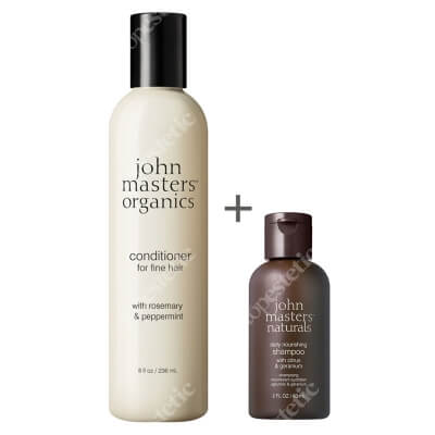 John Masters Organics Codzienna Pielęgnacja Włosów  Cienkich ZESTAW Geranium i olejki cytrusowe - szampon do każdego rodzaju włosów 60 ml + Rozmaryn i mięta - odżywka do włosów cienkich 236 ml