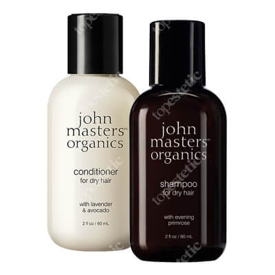 John Masters Organics Codzienna Pielęgnacja Włosów Suchych ZESTAW Szampon do włosów suchych z wieczornym pierwiosnkiem 60 ml + Lawenda i awokado – intensywna odżywka 60 ml
