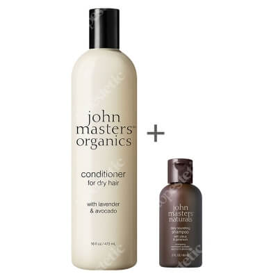 John Masters Organics Codzienna Pielęgnacja Włosów Suchych Zniszczonych ZESTAW Geranium i olejki cytrusowe - szampon do każdego rodzaju włosów 60 ml + Lawenda i awokado – intensywna odżywka 473 ml